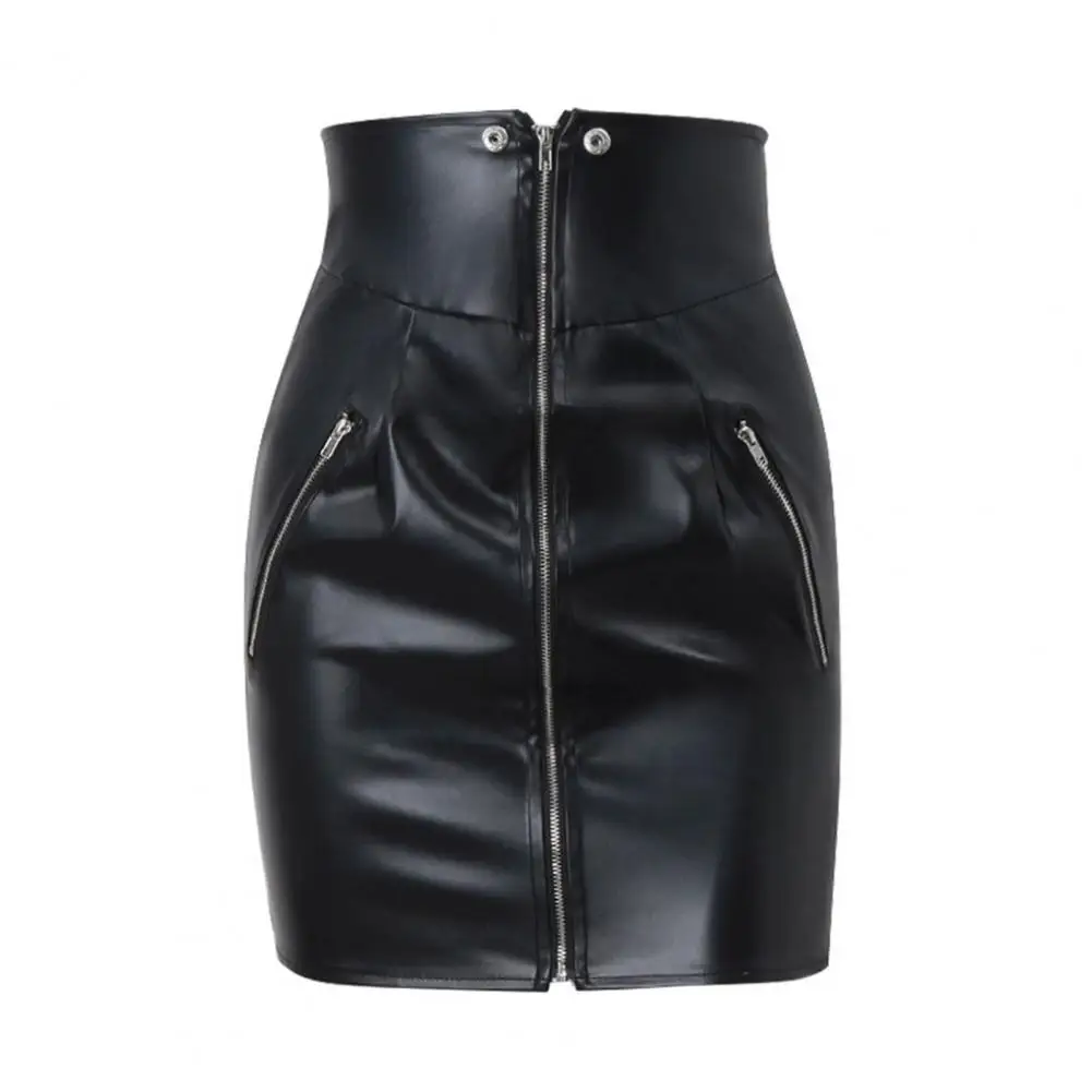 

Winter Mini Skirt Sexy High-waist Faux Leather Mini Skirt with Zipper Closure Pockets for Women Punk Style Slim Fit Wrapped