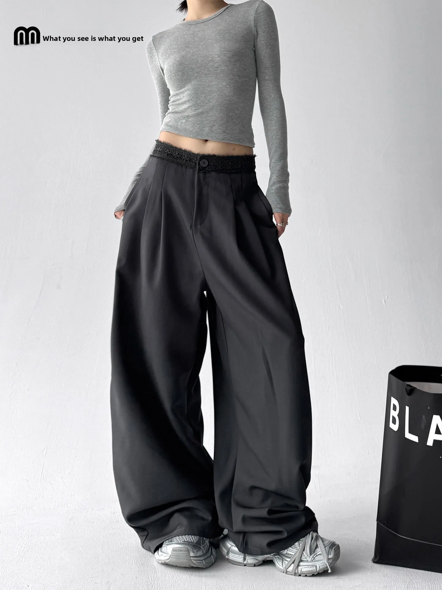 

Серые повседневные брюки для женщин с высокой талией, прямые, струящиеся, в деловом стиле, для офиса, модные, осенняя коллекция, для высоких женщин