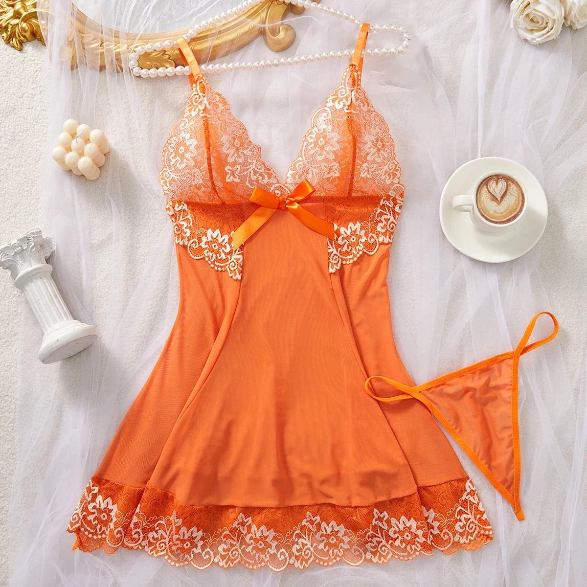

Summer Orange Sexy Lingerie Women Underwear See Through Sleepwear Lace Nightdress And Thongs Pijamas Sets Female Erotic Nighty