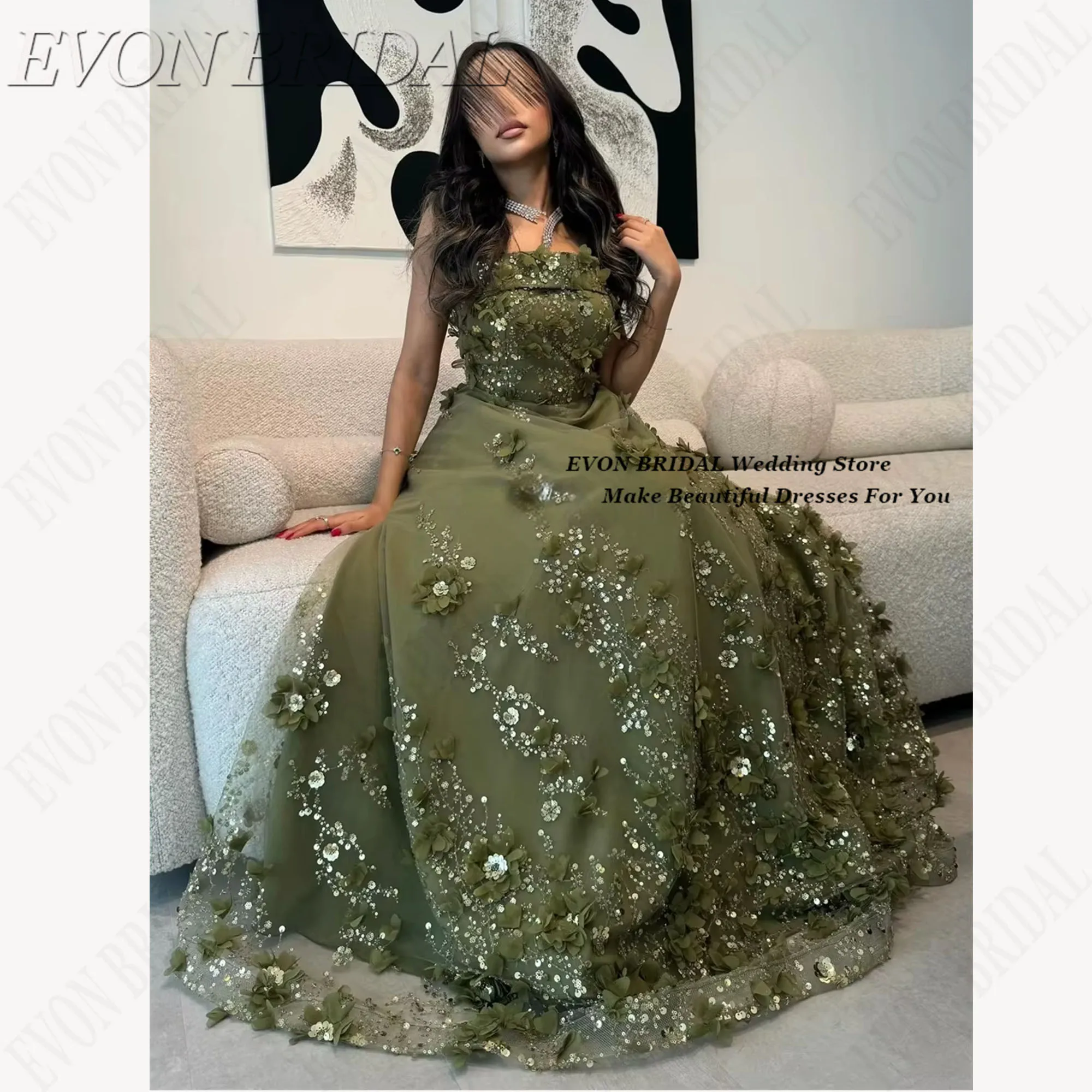 

Green Floral Lace Evening Dress for Women Luxury Sequinned 2026 Elegant Wedding Party Dress EVON BRIDAL Saudi Arabic Party Gowns