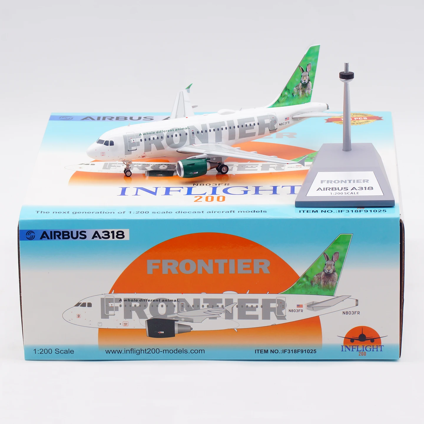 

Коллекционная модель самолета INFLIGHT 1:200 Frontier Airlines Airbus A318 из сплава, N803FR, с подставкой, IF318F91025