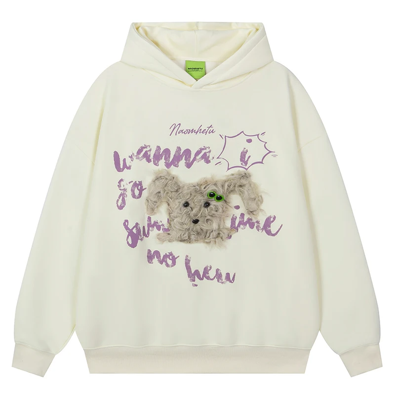 

Зимний мужской флисовый пуловер, толстовки в стиле хип-хоп, Kawaii, спортивный костюм с плюшевой нашивкой для собак, уличная одежда, Harajuku, повседневная модная толстовка с капюшоном