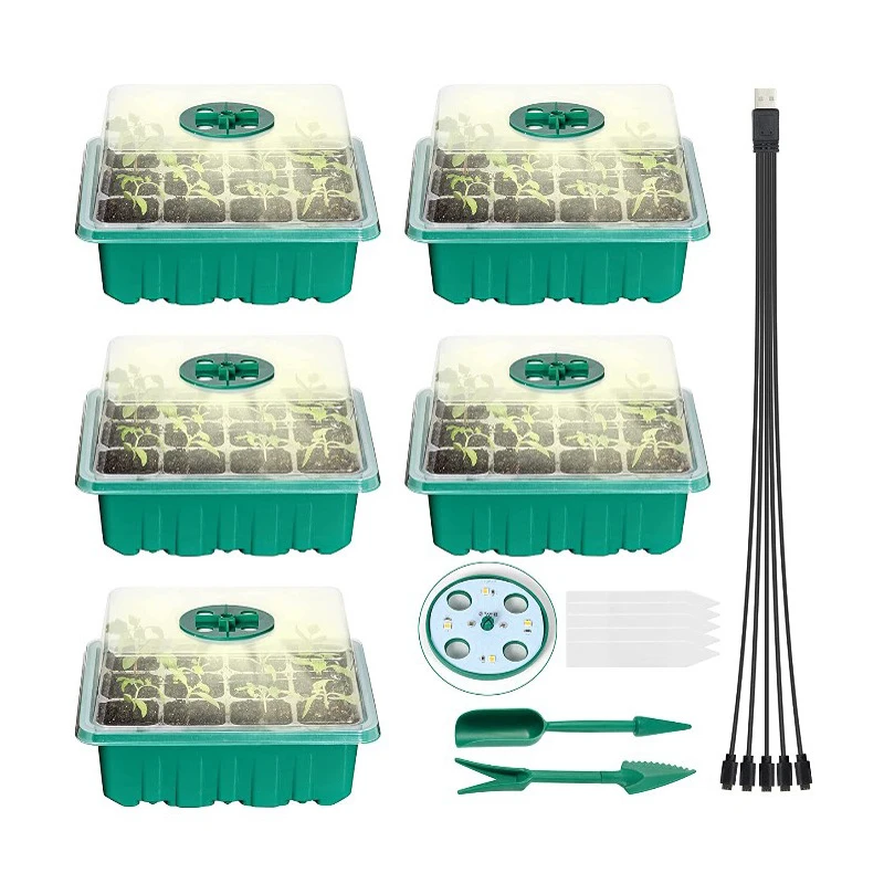 

12 Cells Gardening Plant Germination Trays Seeding Starter Kits with Humidity Domes Cover,Seed Starter Trays with Grow Light,