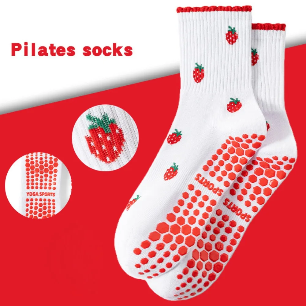 New Cotton Pilates Socks Harajuku Street Breathable Cherry Embroidery Socks Sweat-absorbent Non-Slip Yoga Socks