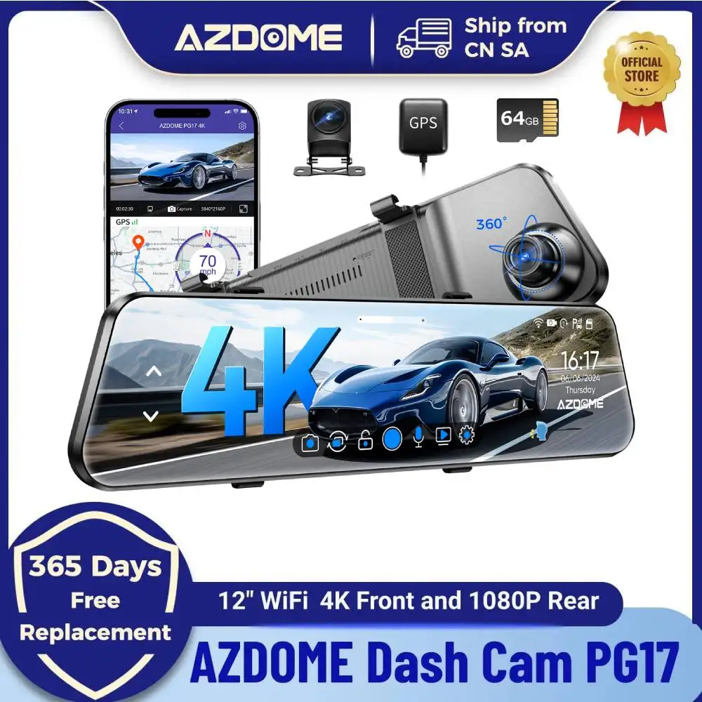 AZDOME PG17 Dash Cam GPS 4K Dual Cams 11.8inch Touch Screen RearView Car Mirror DVR Stream Media Video Recorder Night Vision