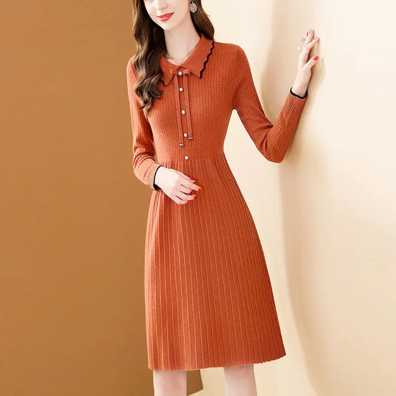 

Women Peter Pan Collar Knitted Pencil Dress Female Solid Vestidos Long Sleeve Dresses Ladies Casual Mid-length Knit Dress G187