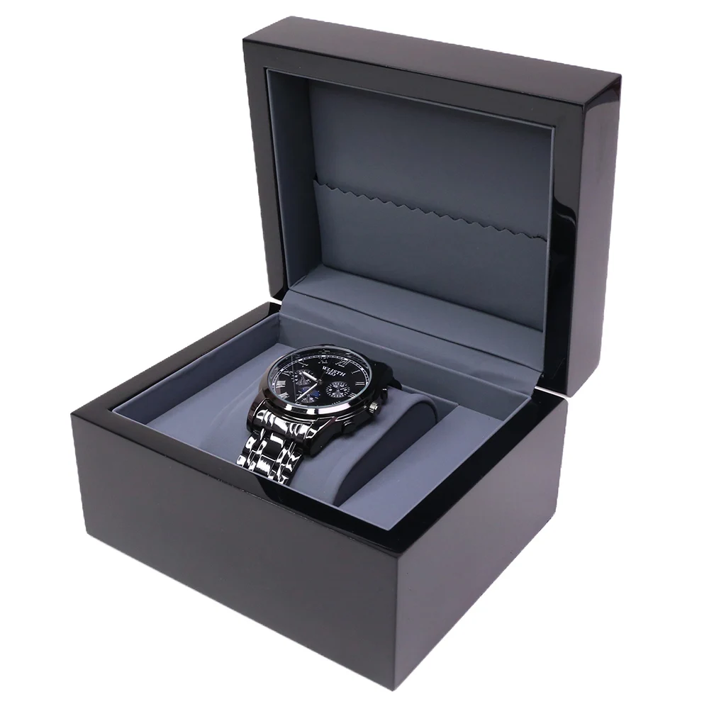 Luxury Wood Wooden Black Piano Glossy Lacquer Watch Packaging Box with Leather Pouch Ready to Ship Watch Cases