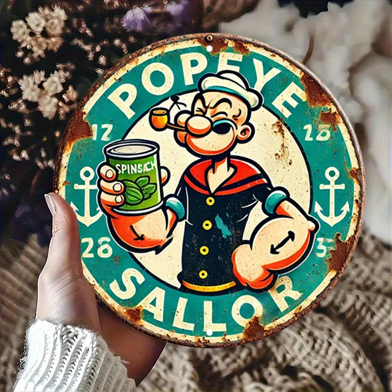 Vintage Sailor-Themed 8x8 Inch Round Wall Art - Rustic Aluminum Metal Sign with Cartoon Sailor & Anchor Design, Perfect for Home
