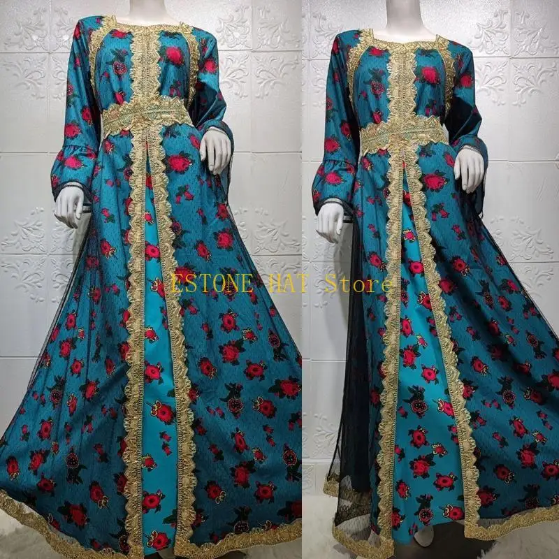49MF ผู้หญิง Ramadan อาหรับดูไบชาติพันธุ์ Maxi ชุดเย็บปักถักร้อยลูกไม้แขนยาวมุสลิม Kaftan พิมพ์ลายดอกไม้ตาข่าย Belted Robe Gown