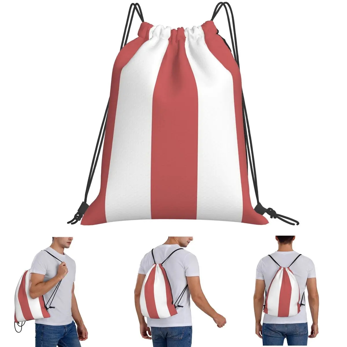 

Striped White And Pastel Red Backpacks Portable Drawstring Bundle Pocket Shoes Bag Book Bags for Man Woman School