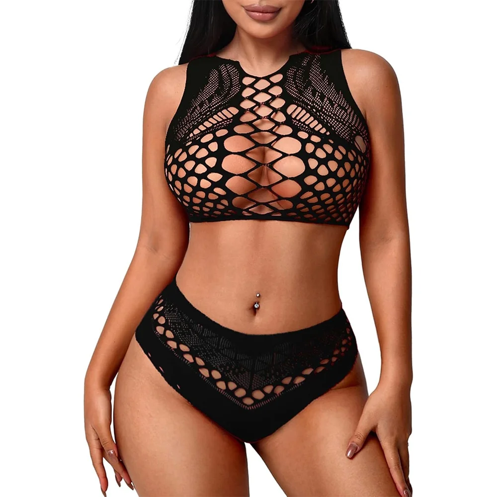 Sexy Fishnet Two Piece Lingerie Set Sleeveless Crop Top Panties Cutouts Mesh for Layering Festival Rave Club Party Streetwear