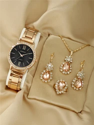 Simple and Luxury Women's Quartz Steel Band Watch+Jewelry Three Piece Set