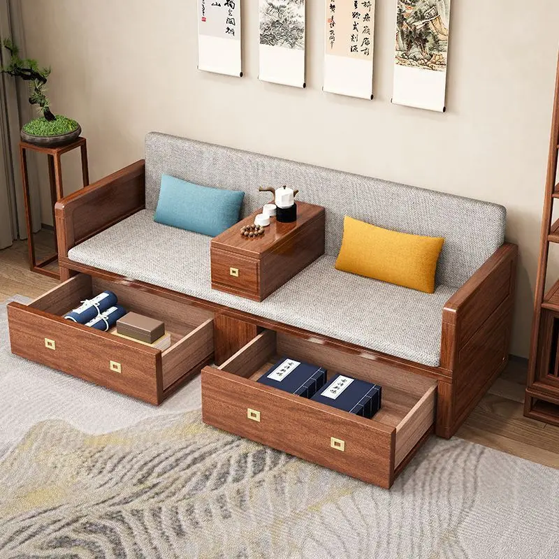 New Chinese solid wood Arhat bed push-pull retractable folding living room small large apartment dual-purpose storage sofa bed
