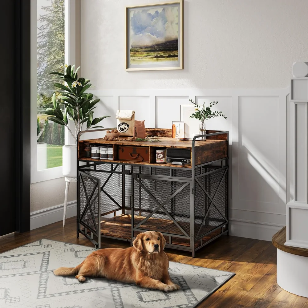 

Wooden Dog Cage Side Table, 43" Dog Kennel with Drawer, Indoor Decorative Pet Cage, 43.3"L X 27.6"W X 35.7"H
