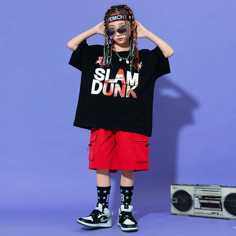 

Kid Hip Hop Clothing Black Graphic Tee Print T Shirt Top Red Casual Summer Cargo Shorts for Girl Boy Jazz Dance Costumes Clothes