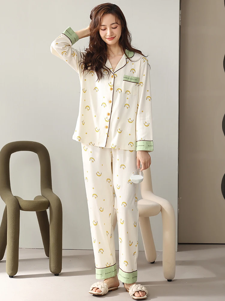 

Winter 100% Cotton Pajamas Women Homewear Full Sleeves Pijama Button-Down Trouser Casual Sleepwear PJ Set Printed Pyjamas