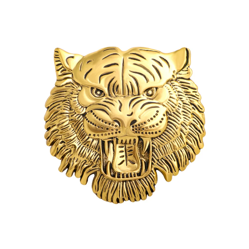 Mighty Golden Three-dimensional Tiger Head Brooch Metal Relief Tiger Head Pin Animal Shaped Suit Coat Pins Decoration