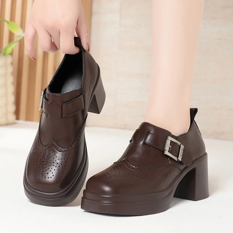 6.5cm British Style Retro Thick Bottom Soft Leather Loafers Women 2026 Spring Block Heels Platform Shoes for Office Work Mom