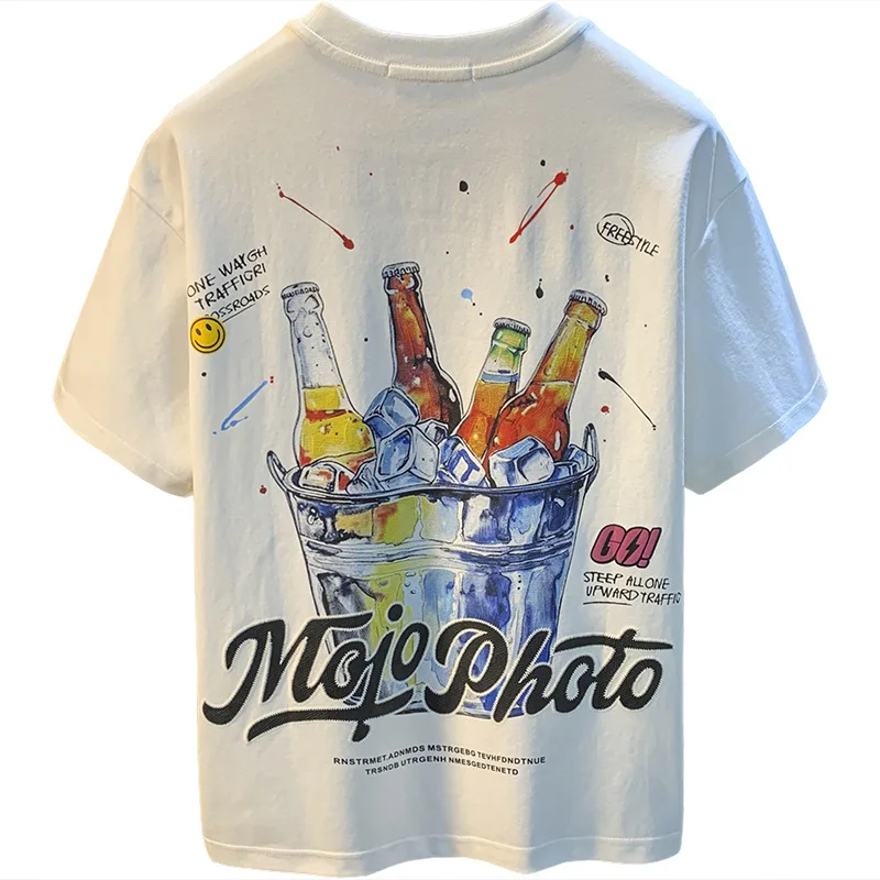 Los T-shirt met korte mouwen voor heren, trendy zomertop met bierprint, casual, veelzijdige mode herenkleding