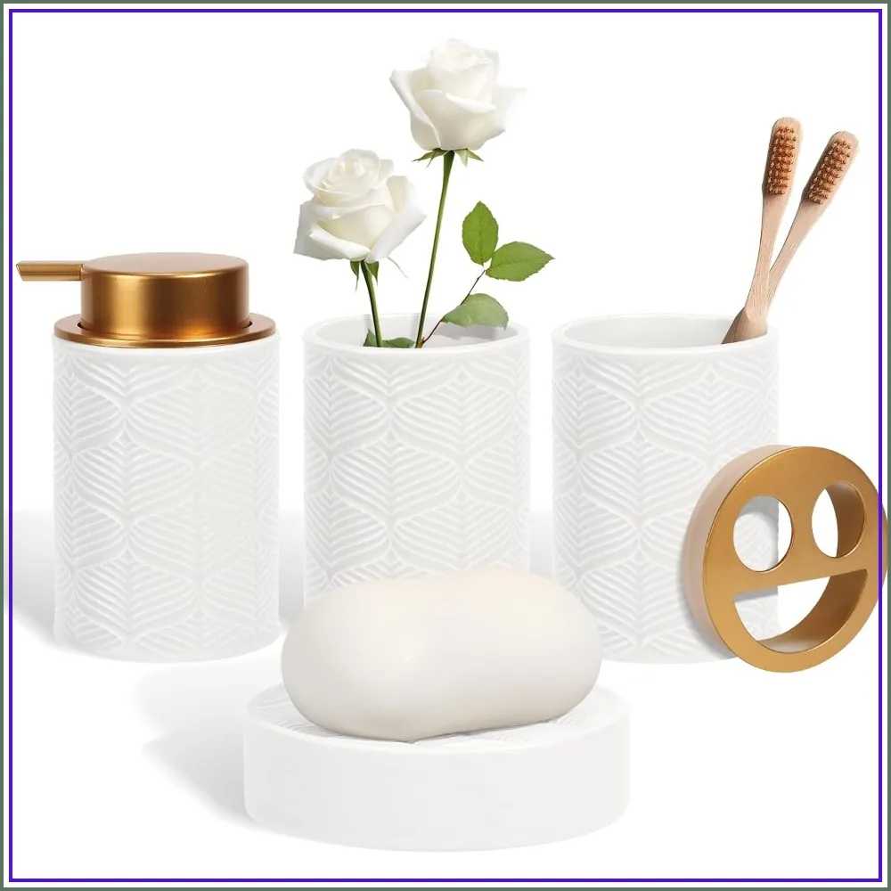 

Ceramic Bathroom Accessories Set, 4 Pcs - Lotion Soap Dispenser, Toothbrush Holder, Vanity Tray, Tumbler, Soap Dish, Apothecary Jar, Modern Bathroom Decor Organizer