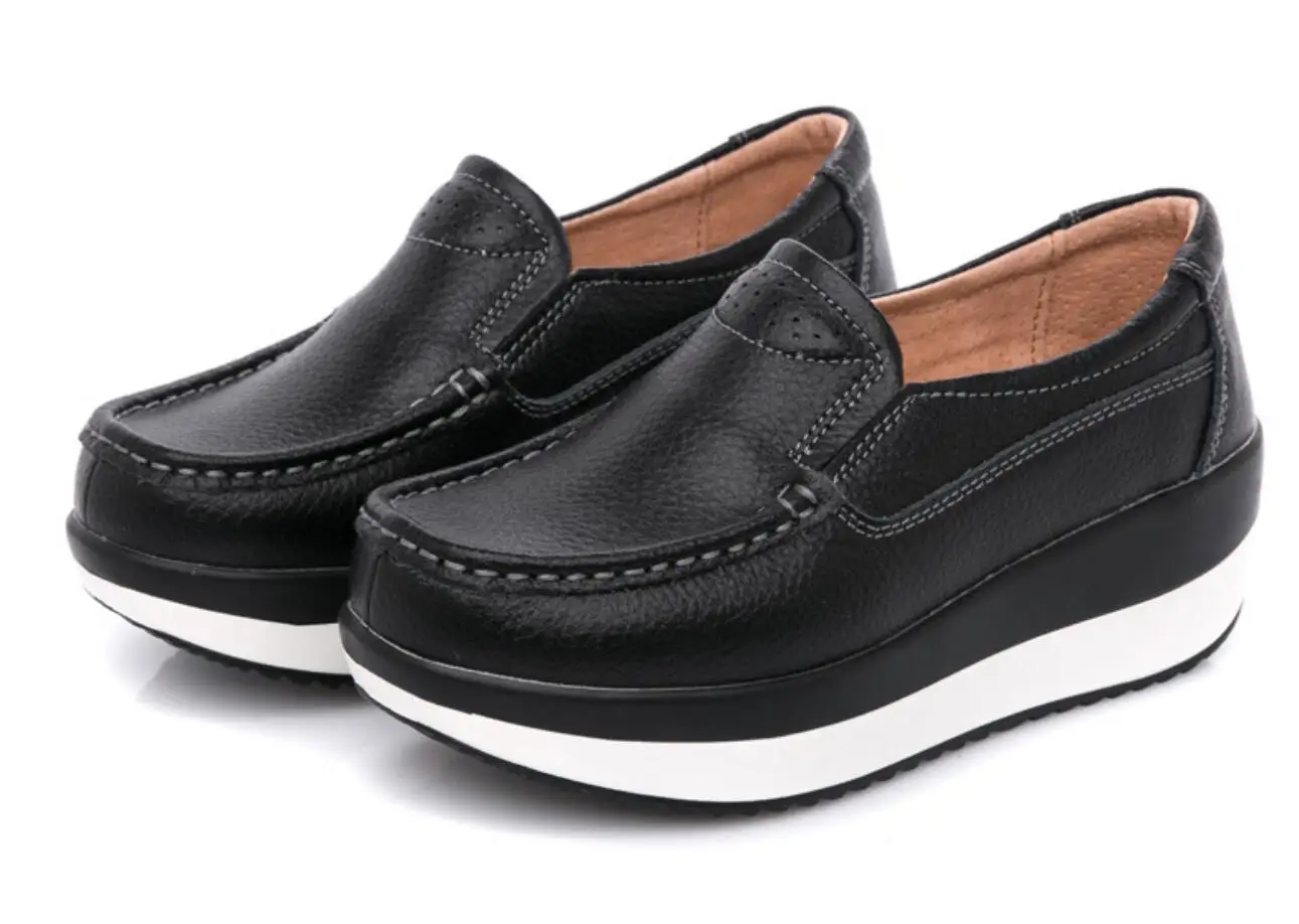 New Sexy Autumn Women Flats Platform Loafers Ladies Genuine Leather Comfort Wedge Classic Stylish thick sole Slip On Casual Shoe