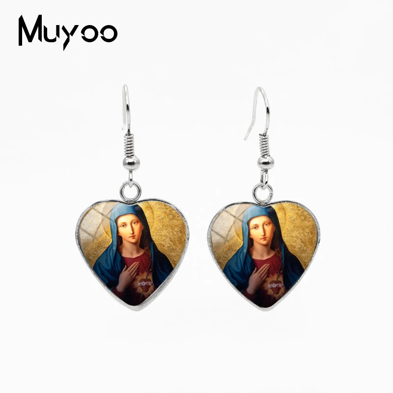 2019 New Fashion Virgin Mary Heart Pendants Fish Hook Earrings Our Lady of Guadalupe Jewelry Heart Stainless Steel Earrings