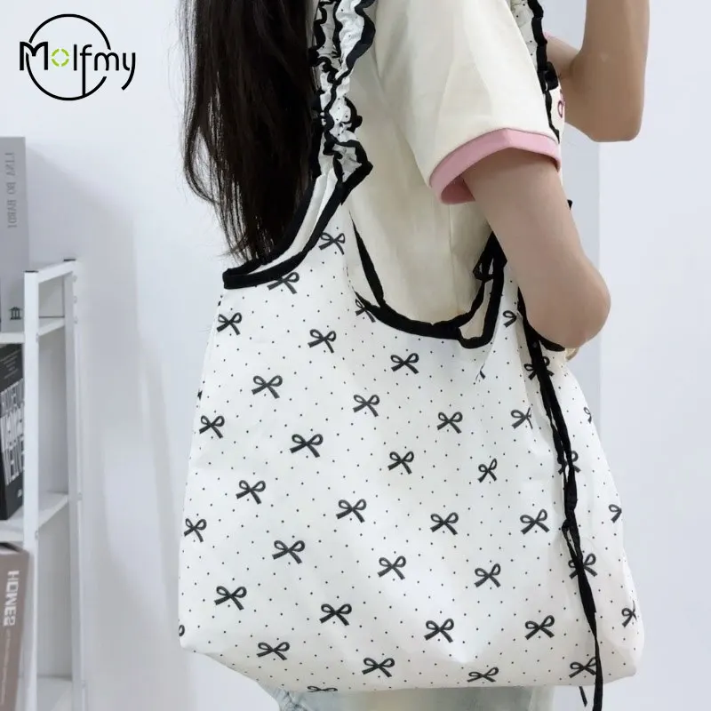 

Bow Dot Print Women Bag Large Capacity Shoulder Bags Luxury Fairy Handbag Commuting Canvas Handbags Korean Style Cute Citybag