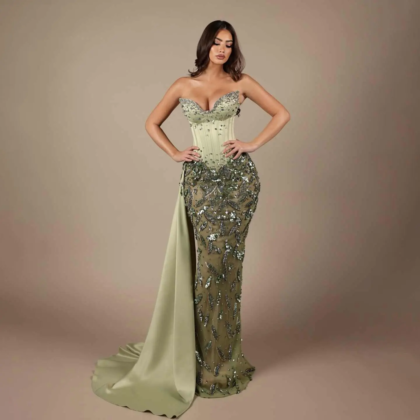 

Sexy Prom Dress Sleeveless Deep V Neck Appliques 3D Lace Sequins Satin Beaded Celebrity Evening Dress Plus Size Customized
