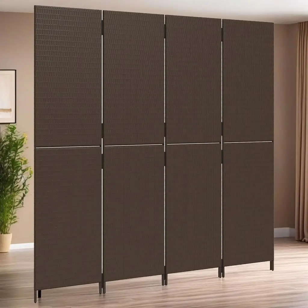 4-Panel Brown Poly Rattan Room Divider - Stylish Privacy Solution for Home Decor