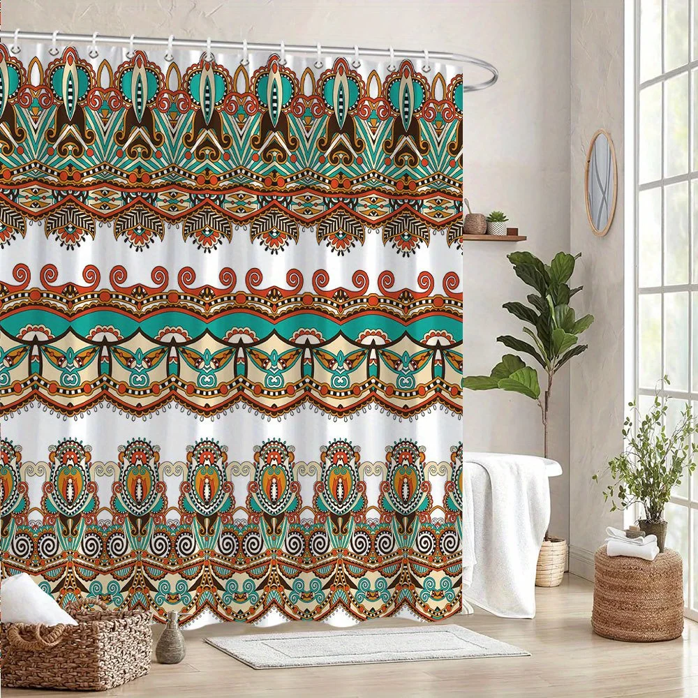 

Vibrant Geometric Paisley Shower Curtain - Modern Indian-Inspired Bath Decor, Teal/Coral/Turquoise, Machine Washable Polyester
