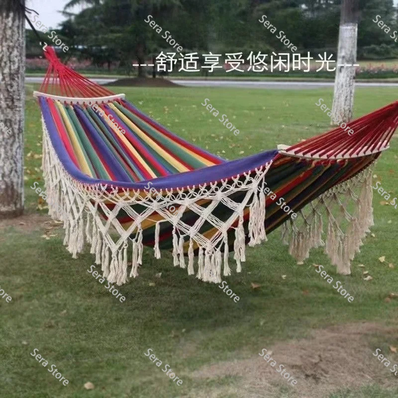 Canvas Double Hammock with Tassel Outdoor Camping Swing Anti Roll Hanging Chair Portable Thick Fabric Hammock for Garden Patio