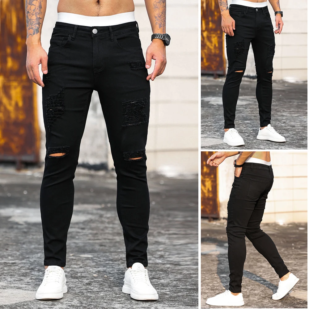 

Mens Jeans Distressed Snow Wash Design Pencil Pants Mens Streetwear Fashion Slim Jean Knee Holes Hip-hop Denim Trousers