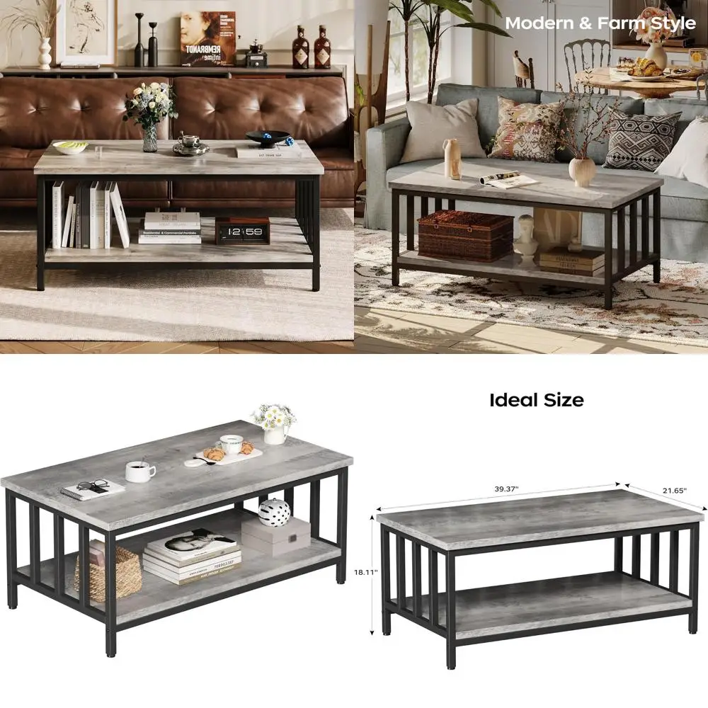 

Журнальный столик в стиле модерн с боковыми полками и 2-уровневой полкой, серый, 39 дюймов, для гостиной и домашнего офиса