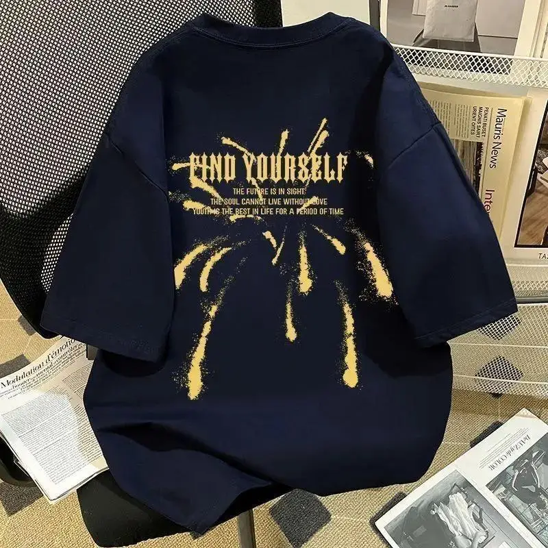 A Trendy Brand Pure Cotton American High Street Firework Print Round-neck Short-sleeved Summer Loose