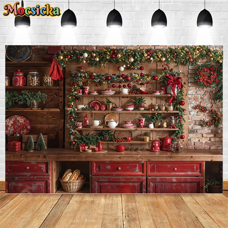 Mocsicka Photography Background Winter Christmas Kitchen Cook Window Xmas Trees Kids Family Portrait Decor Backdrop Photo Studio