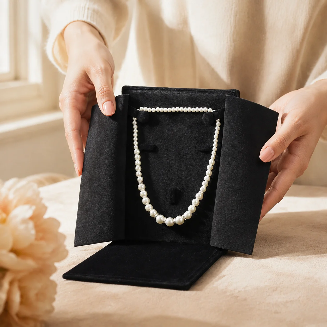 Rigid Cardboard Jewelry Box for Mother's Day Women Gift Case Velvet Lined Magnetic Closure Pearl Necklace Display Holder