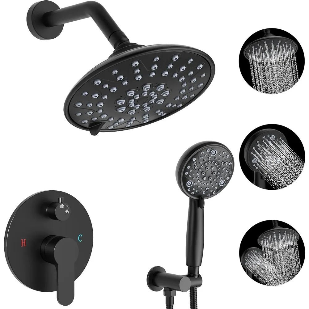 Black Shower Faucets Sets - Overhead Rain Head Shower System with Mixer Valve Trim Kit - 3-Way Rainfall Shower Fixture