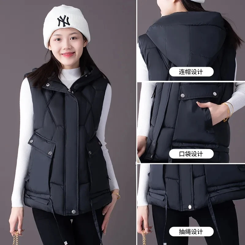 2024 New Autumn Winter Women Puffer Parkas Vest Fashion Warm Black Hooded Down Coat Parka Ladies Sleeveless Waistcoats