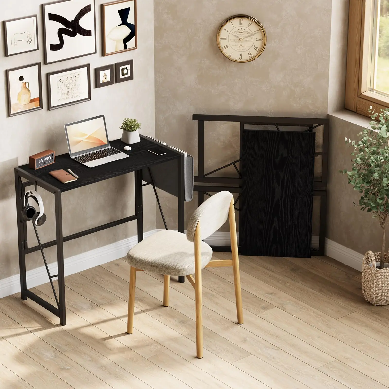 Compact Folding Computer Desk, 31.5 in Home Office Writing Desk for Small Spaces - Side Storage Pocket, 2 Headphone Hooks, Sturdy Metal Frame - Collapsible