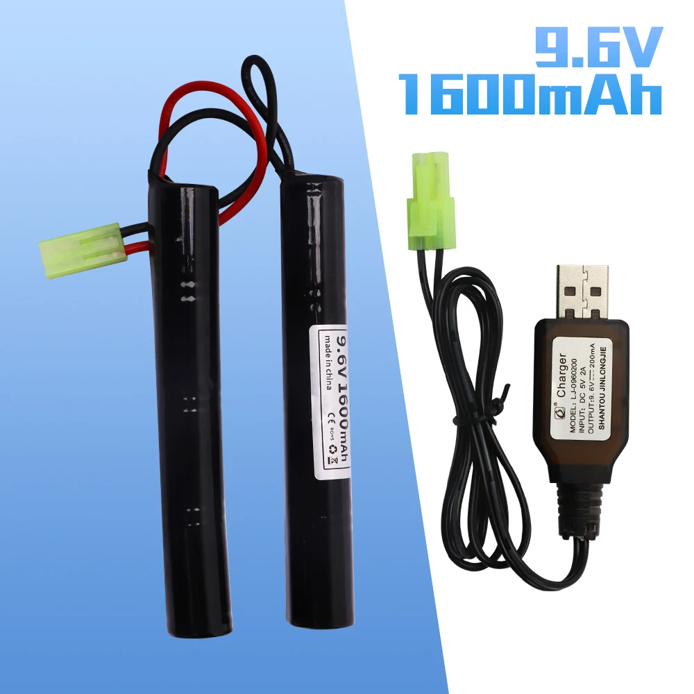 9,6 V 1600 mAh Akku mit Mini-Tamiya-Anschluss und USB-Ladegerät für Airsoft-Waffen, Spielzeugteile, 9,6 V 1600 mAh Akku