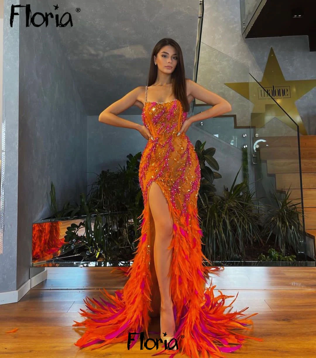 Robe de cocktail en plumes pour filles noires africaines, robe de soirée orange, robe de sirène entièrement perlée, quelle que soit la fente haute sur le côté, robes de soirée, 123