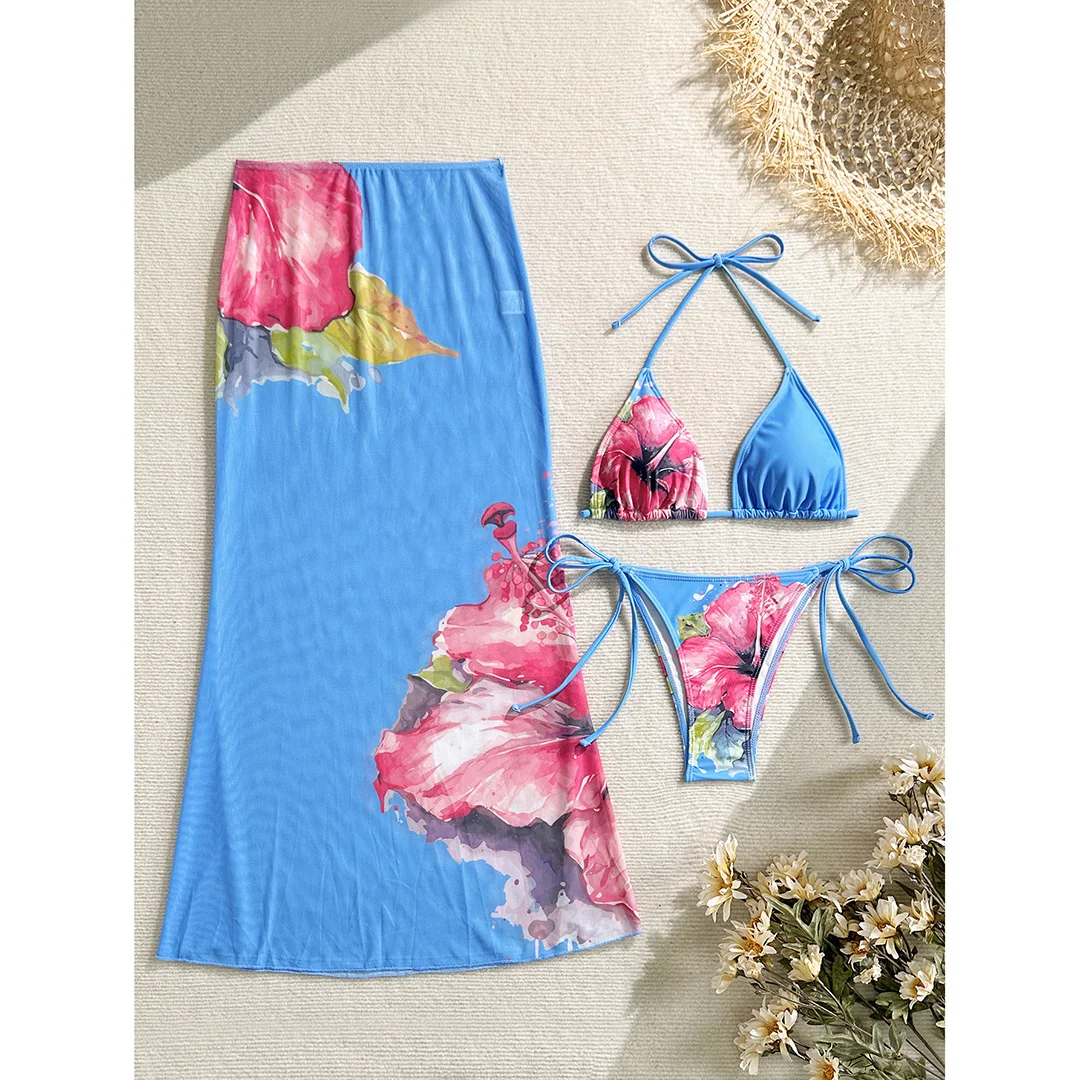 Blumenmuster mit Rock, Neckholder-Bikini, Damen-Badebekleidung, dreiteiliges Bikini-Set, Damen-Badeanzug, Badebekleidung, Badeanzug, Schwimmkleidung V6637 – Detail 35