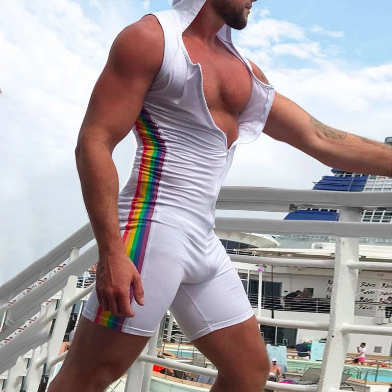

Sexy Men's Slim Rainbow Striped Sleeveless Shorts Jumpsuit New Fashion Hooded Zip Overalls Summer 2024 Fashionable Bodysuit Man