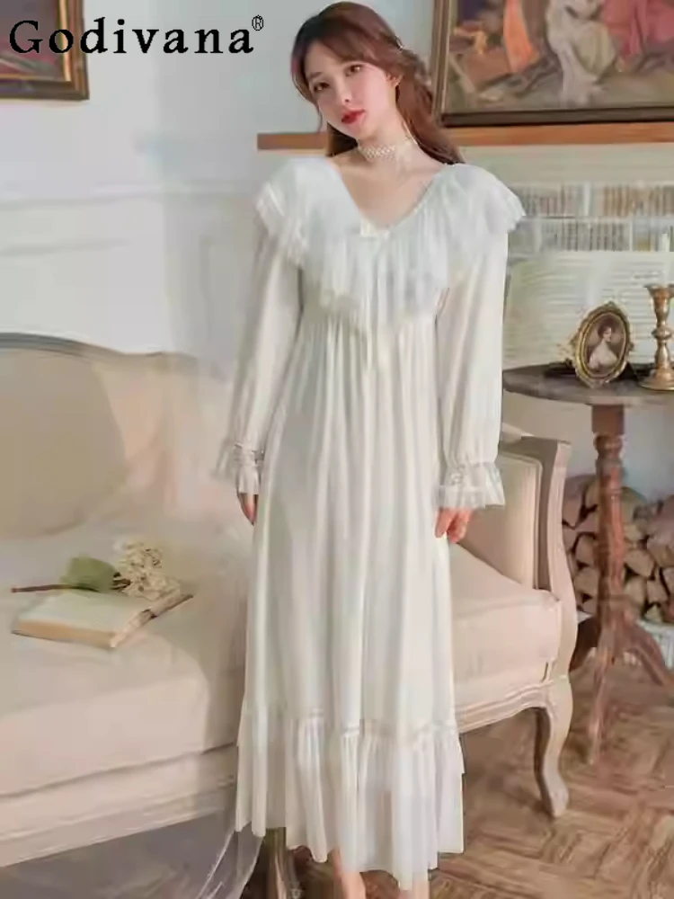 

Темпераментная французская придворная принцесса, кружевная марлевая ночная рубашка с v-образным вырезом, женская летняя свободная модная белая одежда для отдыха с длинными рукавами