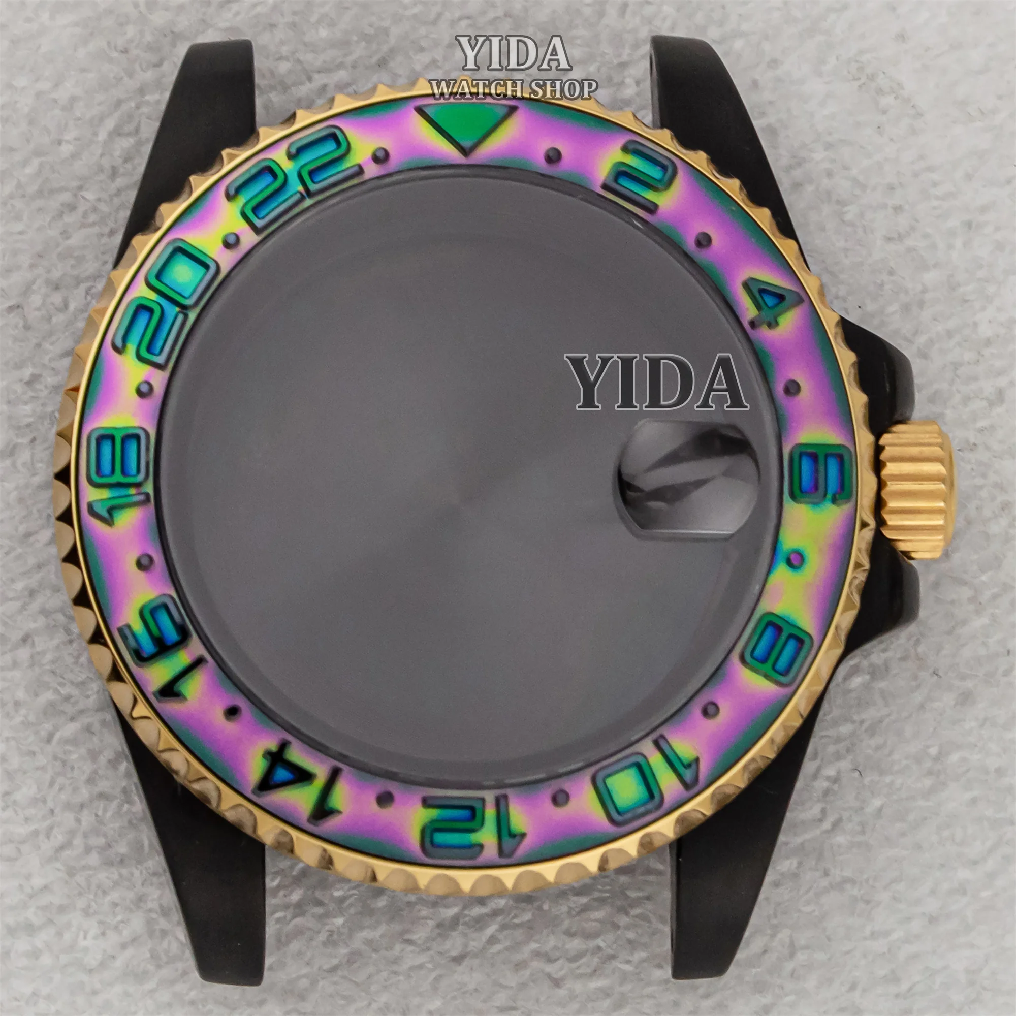 Sub gmt caixa de relógio 40mm pvd preto cristal safira 10atm waterpoof caber nh34 nh35 nh36 movimento automático mod acessórios