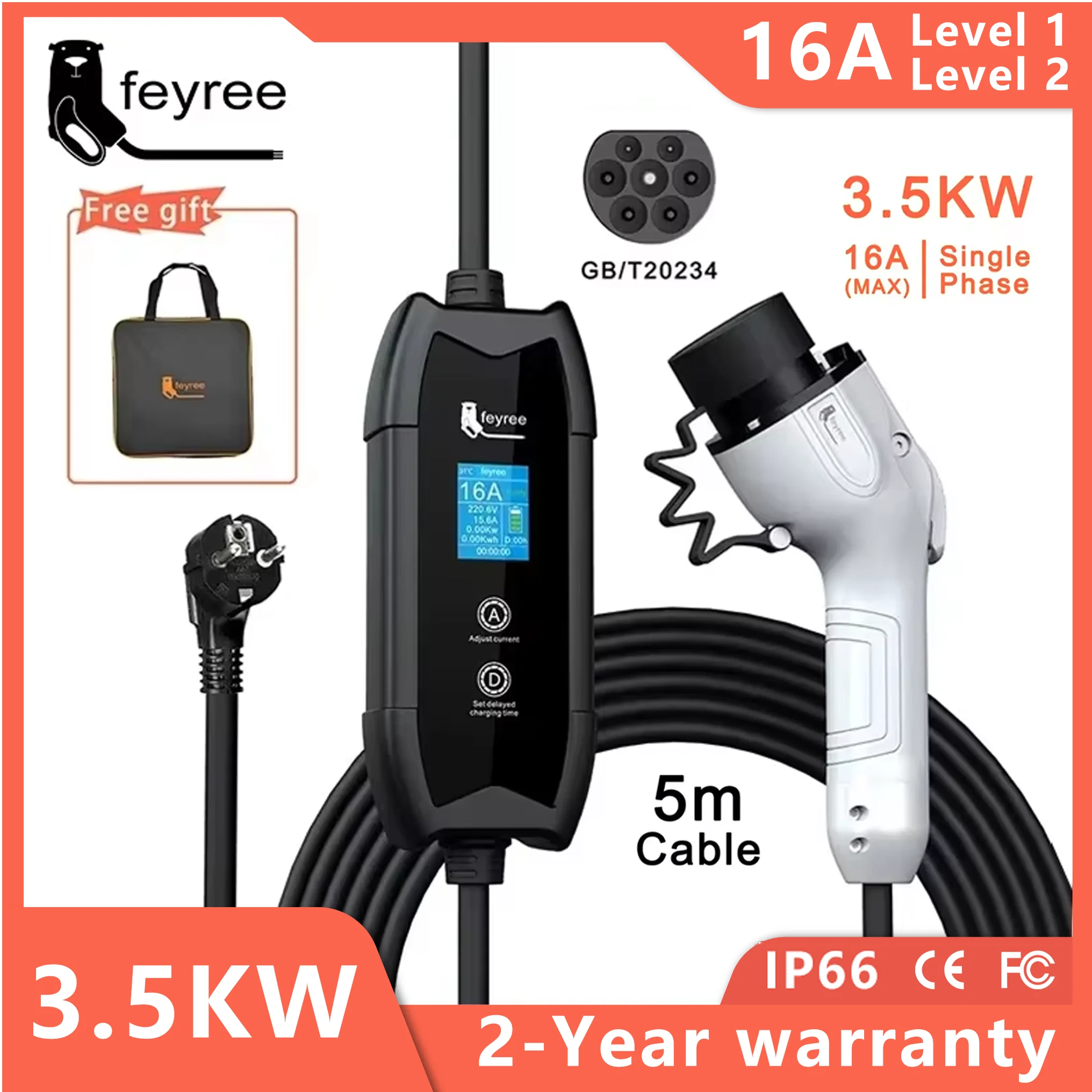 Feyree EV 충전기 타입 2 16A 3.5kW GBT 전기 자동차 5M 충전 케이블, J1772 타입 1 월박스, 전기 자동차