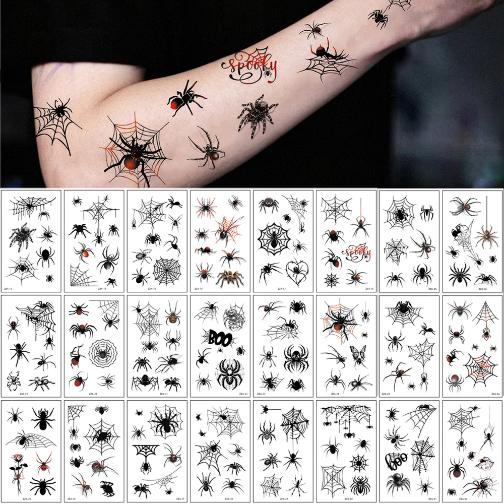30pcs Spider Fake Tattoo for Halloween Body Makeup Spider Web Temporary Tattoo Stickers for Women Men Party Body Stickers