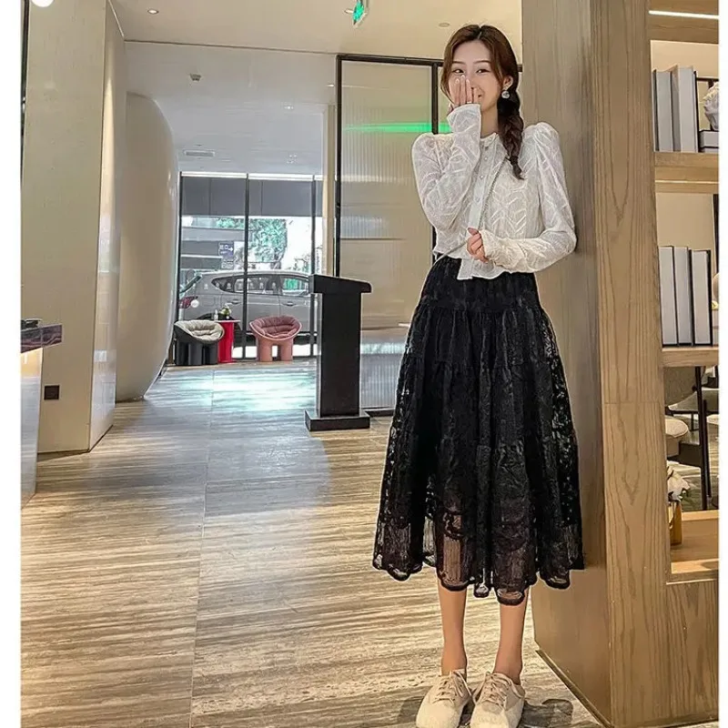 Summer New Embroidered Lace Half Skirt Women Four Seasons Versatile High Waist A-line Medium Long Big Swing Women Clothing