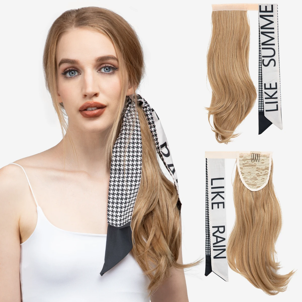 Premium Synthetic Wavy Clip in Ponytail With Headband Hair Extension Fake Hairpiece Blonde Wrap Around Pigtail Smooth Pony Tail