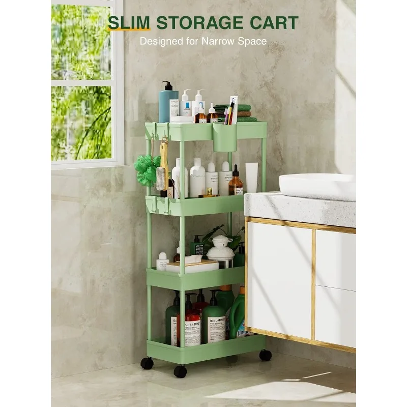 Slim Rolling Storage Cart - 4 Tiers Bathroom Organizer Utility Cart Slide Out Storage Shelves Mobile Shelving Unit for Kitchen